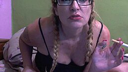 masturbating with painted lips while smoking