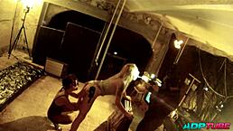 Blonde and brunette pornstars fist deep in group