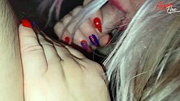 footjob in white socks, cum on socks from mommy wife