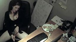 secretary gets caught rubbing her tits and fingering herself at work