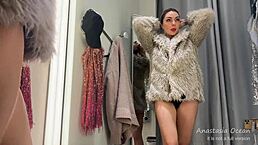 fitting room hot slut tries on clothes on her hot body in a public place public shopping center