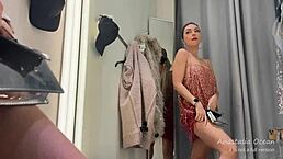 fitting room hot slut tries on clothes on her hot body in a public place public shopping center