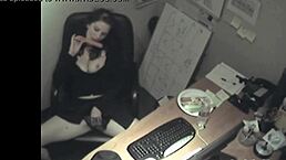 secretary gets caught rubbing her tits and fingering herself at work