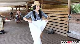 Farm girls down at the ranch sharing a thick hard cock.