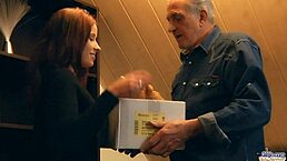 redhead slutty chick gives generous grandpa a wild ride for his kindness.