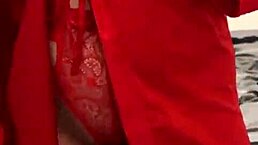 brunette in red lingerie with big tits and ass plays with herself in reality