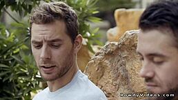 Muscle guy chats with former boyfriend casually.