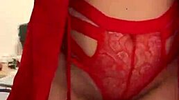 brunette in red lingerie with big tits and ass plays with herself in reality