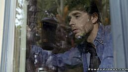 Muscle guy chats with former boyfriend casually.