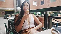 sexy pretty babe meets stranger at mall, leads to bent over fucking with wet pussy handjob at home.