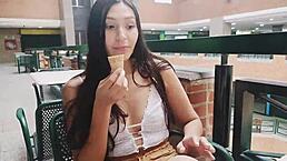 sexy pretty babe meets stranger at mall, leads to bent over fucking with wet pussy handjob at home.
