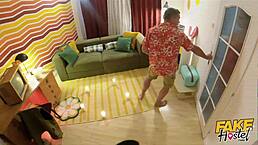 Discussing the fake hostel scenario with Hayley Vernon in red lingerie for Halloween