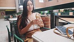 sexy pretty babe meets stranger at mall, leads to bent over fucking with wet pussy handjob at home.