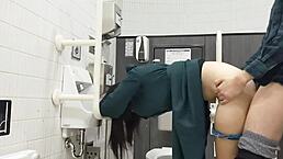 College couple bangs hard in toilet with raw standing insertion.