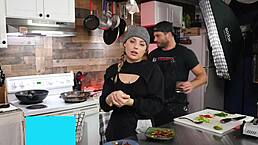 A conversation about orgasms unfolds in the kitchen setting.