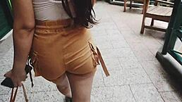 sexy pretty babe meets stranger at mall, leads to bent over fucking with wet pussy handjob at home.