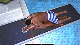Intense cartoon sex on public pool jumping board with wild outdoor fucking