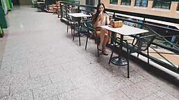 sexy pretty babe meets stranger at mall, leads to bent over fucking with wet pussy handjob at home.