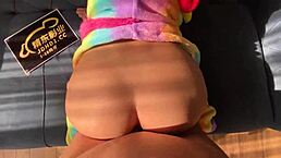 Asian babe watches movie with him 😏