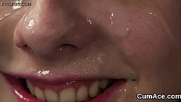 Flirty stunner gets cumshot on her face swallowing all the juice in bukkake blowbang