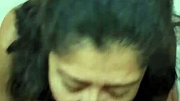 Latina wife jumps on follower for close-up blowjob