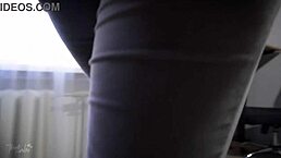 hot milf secretary teases her ass in tight jeans, panty line showing 😈