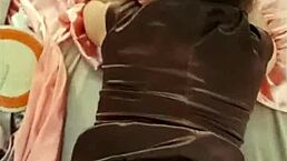 French slut in satin dress performs blowjob and rimming.