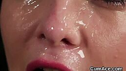 hot beauty receives cumshot on face