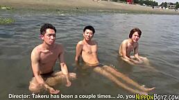 Gay Asian Twinks Sucking Cock in Wild Threesome Group Action