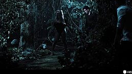 Busty chick with tattoos gets face fucked by three dudes in the forest