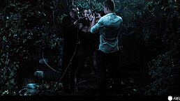 Busty chick with tattoos gets face fucked by three dudes in the forest