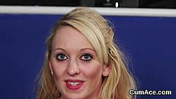 Sexy model receives jizz shot on face while sucking cum.