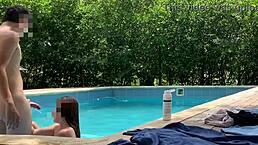 natasha and megan tan while guy cleans pool then swim naked