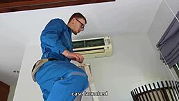 handyman cleans air conditioner and fixes the girl’s needs with his tool