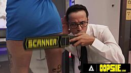 Oopsie, did the tall attendant dominate the short officer?