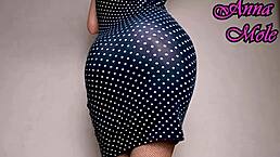 PAWG in Tight Dress Rides Big Ribbed Dildo Upskirt with Latex Gloves