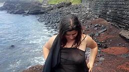 my seductive stepmom seduces on a public beach with huge tits