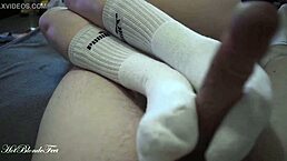 sexy footjob in long socks by miley grey. hot fetish action! 🦶