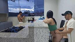 Hot Wife Gets Pounded in Kitchen Until She Cums While Husband Washes Dishes.