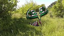 Sexy milf fingers wet pussy outdoors for intense orgasm.