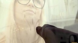 Blonde stunner's hand gets stuck, so she calls her kinky friend for help in the kitchen.