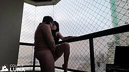 i bent over my girlfriend's wet pussy for monster cock on the balcony.