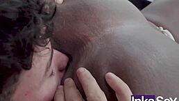 Angela, Colombian ebony Latina, caught with huge ass and big tits on the beach by young white man