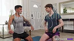 Hairy trainer slams cute twink hard in bareback missionary pounding - NextDoorStudios