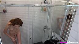 Stepdaughter Fingers Tight Shaved Slit on Hidden Bathroom Cam