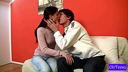 Frantik and Mira Get Steamy in a Dorm Living Room with Natural Tits on Display.