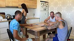 Cuckold Shares Sex Wife With Friends for Hardcore Kitchen Table Gangbang Action