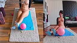 Naughty and naked dual cam yoga workout with curvy milf spreading legs