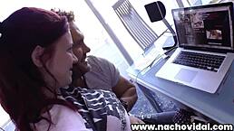 preparation for scene, milf redhead sucks huge cock. nacho makes her wear rubber pig nose... dang, she drools!