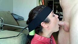 Wife's Head on Fucking Machine for Greatest Sloppy BJ with Brunette Choking. Teasing Slut Takes Cum in Mouth During Wild Face Fucking.